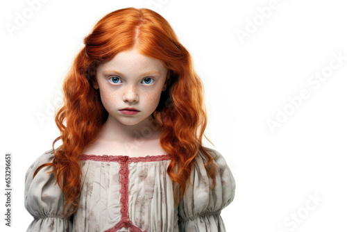 A young girl with vibrant red hair is captured in this image, wearing a beautiful white dress. This picture can be used to convey innocence, purity, and youthfulness. It is perfect for various project