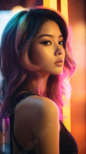 Portrait of Stunning Young Asian Woman with Colorfull Hair Captured in Golden Hour and Natural Light, High-Quality Beauty Photography