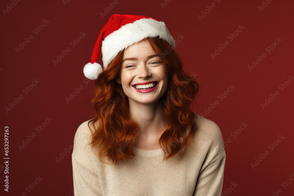 A woman wearing a Santa hat and smiling. Perfect for holiday-themed designs and festive promotions. A woman wearing a Santa hat and smiling. Perfect for holiday-themed designs and festive promotions.