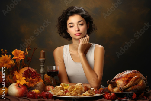 A woman is depicted sitting at a table with a plate of food. This image can be used to showcase dining  food preparation  or healthy eating habits.