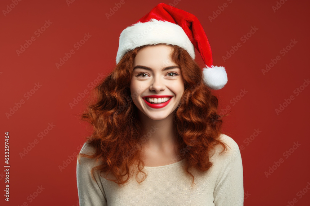 A woman wearing a Santa hat with a joyful smile. Perfect for holiday-themed designs and Christmas promotions. A woman wearing a Santa hat with a joyful smile. Perfect for holiday-themed designs and Christmas promotions.