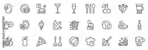 Icons pack as Organic waste, Cherry and Cooking whisk line icons for app include Tea bag, Sunflower seed, Wineglass outline thin icon web set. Coffee beans, Hazelnut, Water drop pictogram. Vector
