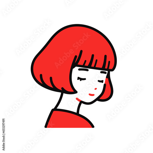 Short bob wig vector icon in minimalistic, black and red line work, japan web