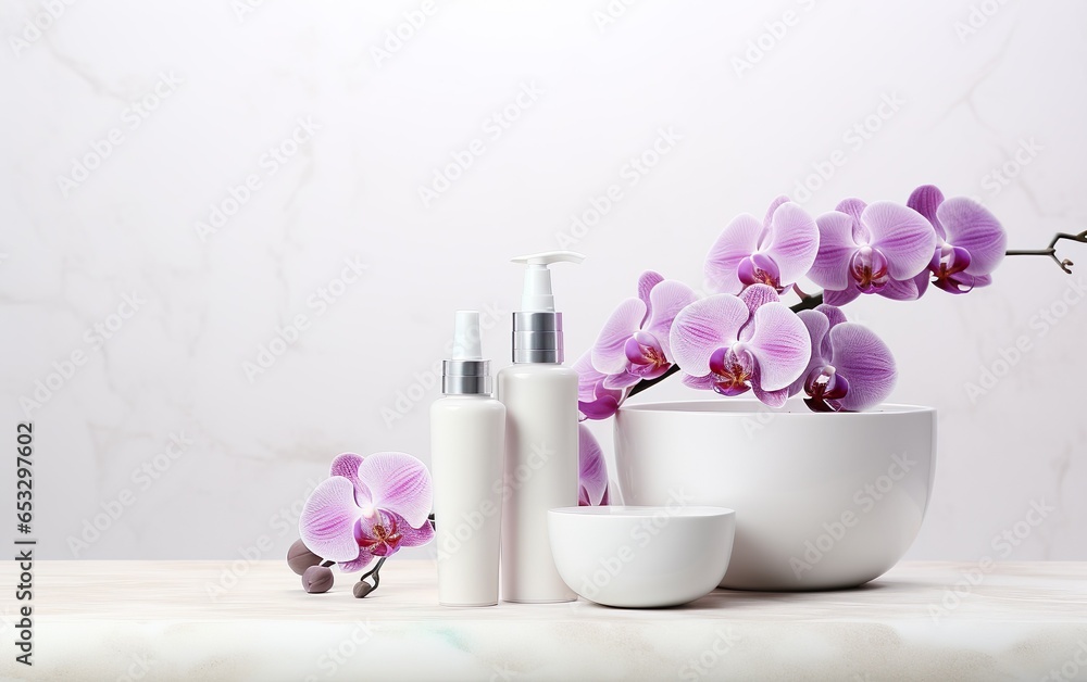 Set of cosmetic products white bottles mockups. Containers on a light background with orchid flowers. Beauty, cosmetology, wellness, spa salon, skin care industry concept Set of cosmetic products white bottles mockups. Containers on a light background with orchid flowers. Beauty, cosmetology, wellness, spa salon, skin care industry concept