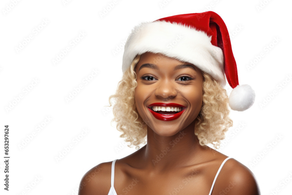 A woman wearing a festive Santa hat and bold red lipstick. This image is perfect for holiday-themed projects and advertisements. A woman wearing a festive Santa hat and bold red lipstick. This image is perfect for holiday-themed projects and advertisements.