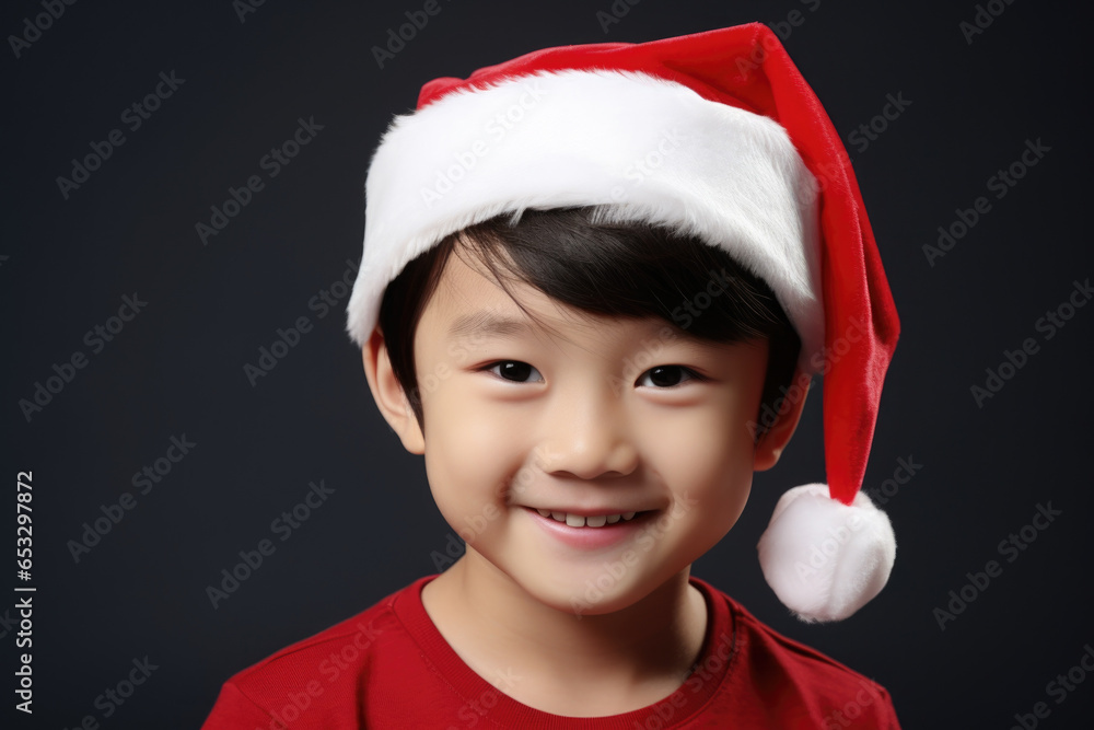 A cheerful little boy wearing a Santa hat, with a heartwarming smile. Perfect for holiday-themed designs and festive promotions. A cheerful little boy wearing a Santa hat, with a heartwarming smile. Perfect for holiday-themed designs and festive promotions.