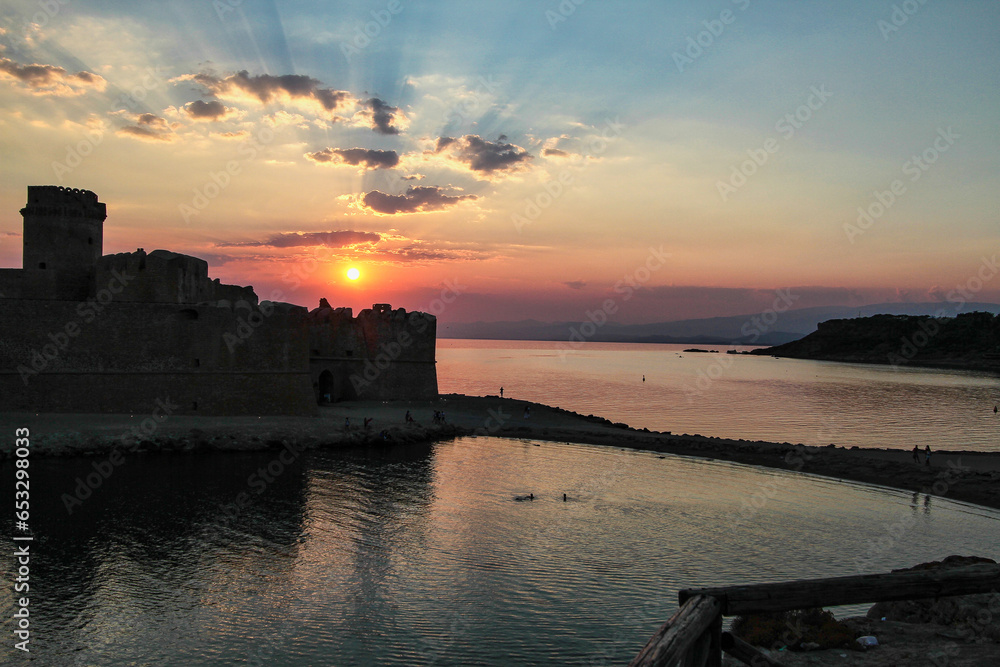 View of the scenic Aragonese Castle, Le Castella on the Ionian Sea in the town of Isola di Capo Rizzuto, Italy