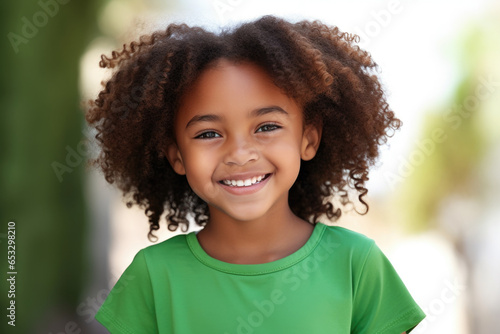 A charming little girl with curly hair smiling directly at the camera. This image can be used to showcase happiness, joy, and innocence in various projects.
