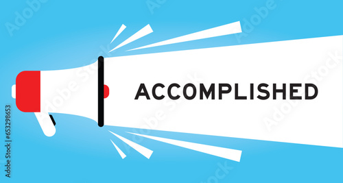 Color megaphone icon with word accompanied in white banner on blue background