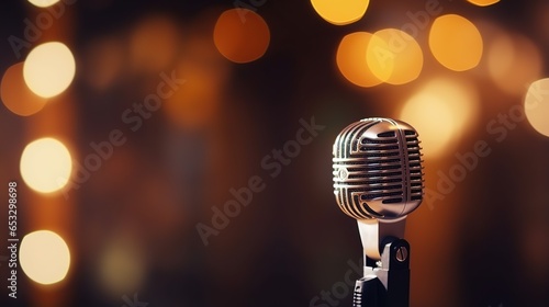 Close-up of retro microphone on blur background.