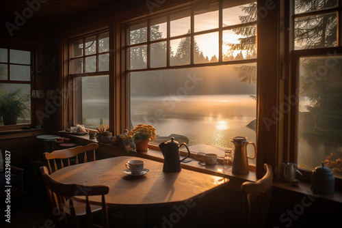 In a tranquil lakeside cabin, morning light painted a masterpiece on the water's surface, while the aroma of coffee filled the air, welcoming a new day's serenity. © DLC