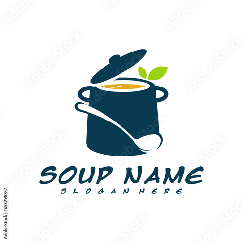 Soup logo design concept. Food Cooking logo vector. Kitchen logo with pot full of vegetables.