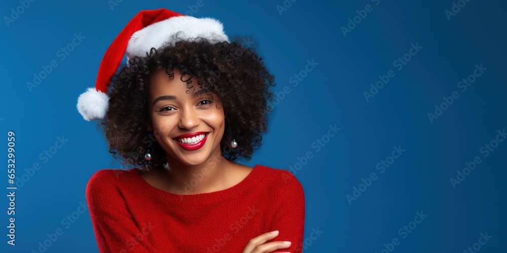 Happy smiling young African American woman in red sweater and in Santa hat over blue background. She is laughing and looking at camera. Happy smiling young African American woman in red sweater and in Santa hat over blue background. She is laughing and looking at camera.