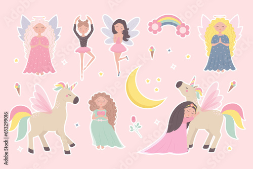 Sticker pack of fairies princesses and unicorns flat cartoon style. Vector illustration of cute children characters isolate.