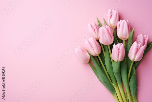 Beautiful composition spring flowers. Bouquet of pink tulips flowers on pastel pink background. Valentine's Day, Easter, Birthday, Happy Women's Day, Mother's Day © simon