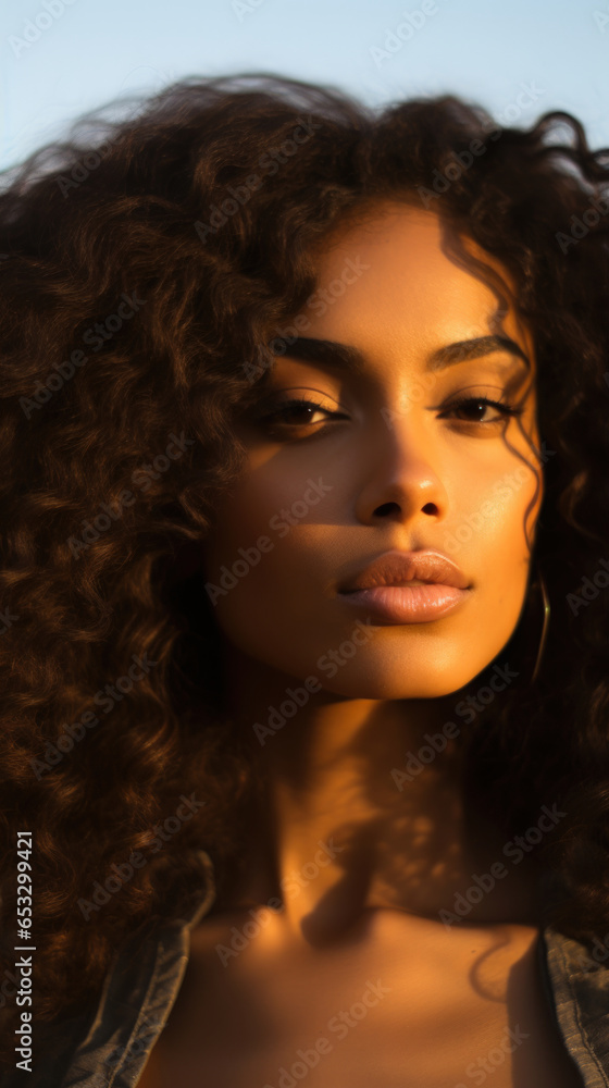 Fototapeta premium Portrait of Stunning Young Black Woman with Black Hair Captured in Golden Hour and Natural Light, High-Quality Beauty Photography