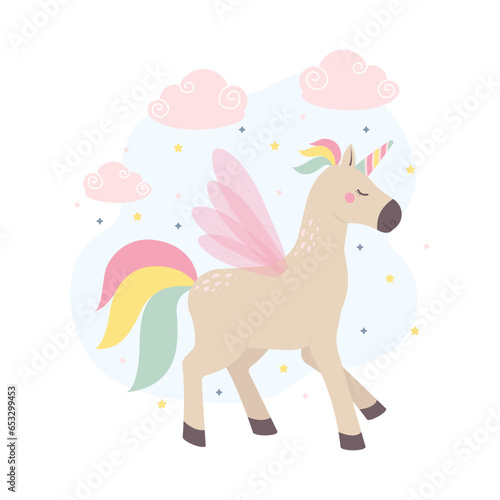Unicorn among clouds and stars childrens fairy tale characters. Flat cartoon vector illustration.