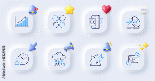 Refresh website, Energy price and Fire energy line icons. Buttons with 3d bell, chat speech, cursor. Pack of Phishing, Web3, Graph chart icon. Squad, Time management pictogram. Vector