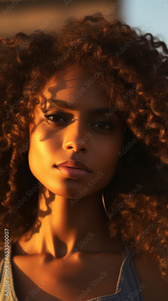 Fototapeta premium Portrait of Stunning Young Black Woman with Brown Hair Captured in Golden Hour and Natural Light, High-Quality Beauty Photography