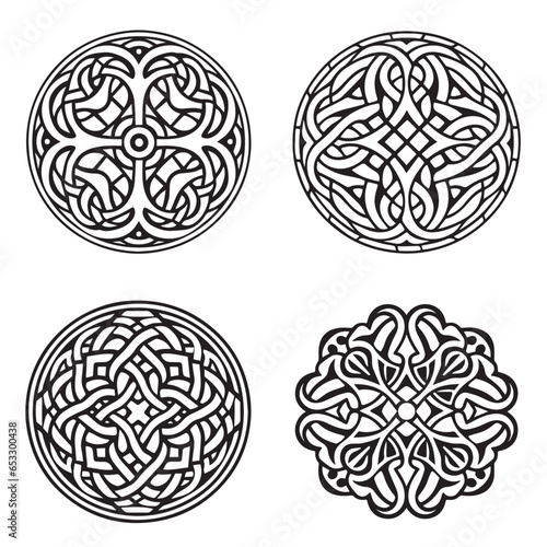 Celtic ornament circular round mandala set. Tattoo viking style collection. Adult coloring page black and white