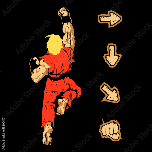 Street fighter in fighting action with game play commands on background but editable for t-shirt design and multipurpose use in vector format