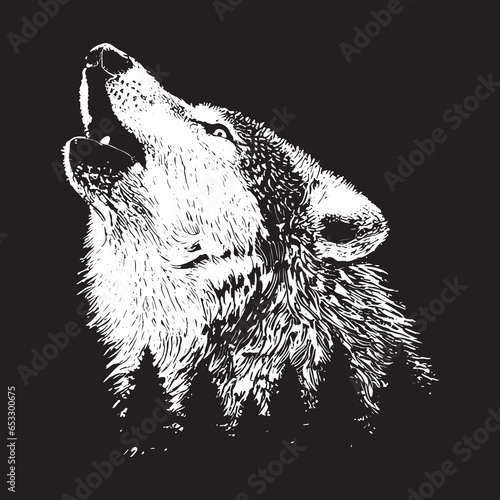 White Roaring Wolf in white colour also showing trees and night jungle feeling attractive for dark background t-shirts clothing banners icon printing and others usage