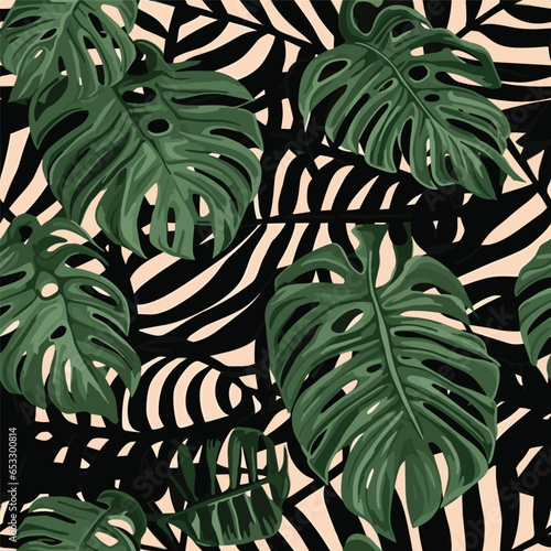 Monstera leaf seamless pattern, hand drawn tropical botanical, spring and Summer time, green style, natural ornaments for textile, fabric