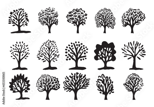 Quirky forest tree design collection vector organic style. Monochrome woodland arbor for outdoor whimsical linocut set. 
