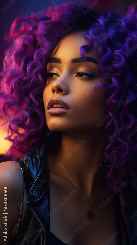 Portrait of Stunning Young Black Woman with Purple Hair Captured in Golden Hour and Natural Light, High-Quality Beauty Photography Portrait of Stunning Young Black Woman with Purple Hair Captured in Golden Hour and Natural Light, High-Quality Beauty Photography