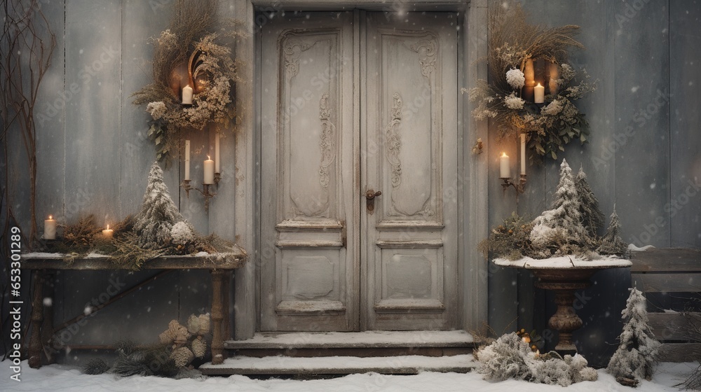 Fototapeta premium Generative AI, House front in the winter with Christmas decoration, wreath and garland. Snow cosy season.
