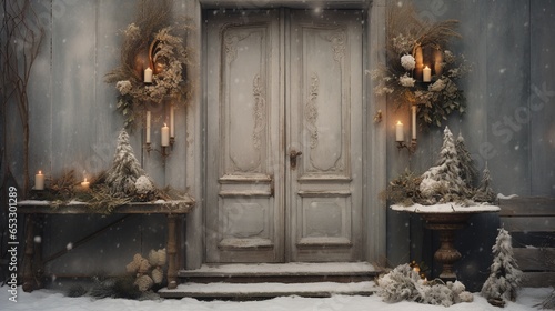 Generative AI, House front in the winter with Christmas decoration, wreath and garland. Snow cosy season. © DELstudio