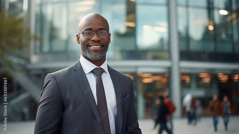 Male business portrait lifestyle. Smiling adult successful African American businessman in suit, manager or office worker standing outdoors against skyscraper background Male business portrait lifestyle. Smiling adult successful African American businessman in suit, manager or office worker standing outdoors against skyscraper background