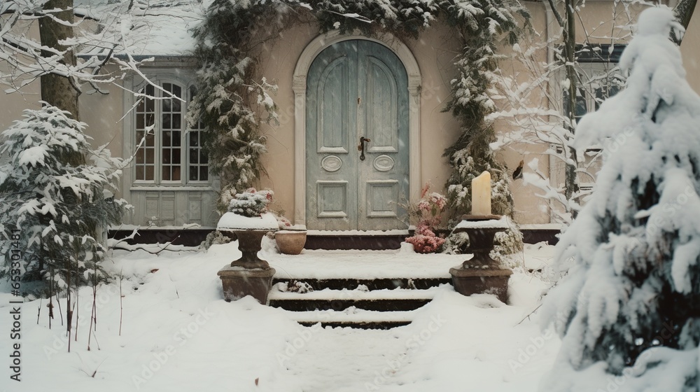 Obraz premium Generative AI, House front in the winter with Christmas decoration, wreath and garland. Snow cosy season.