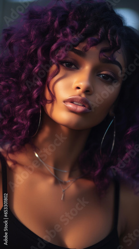 Portrait of Stunning Young Black Woman with Purple Hair Captured in Golden Hour and Natural Light, High-Quality Beauty Photography