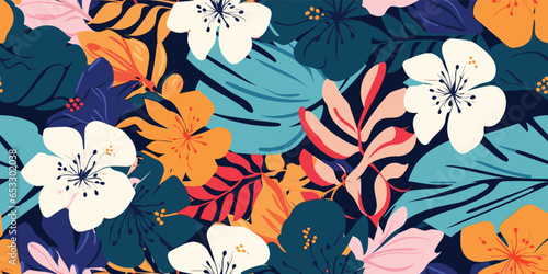 Tropical flower pattern seamless, silhouette of blooming, hand drawn botanical, Floral leaf for spring and Summer time, natural ornaments for textile, fabric, wallpaper, background design 