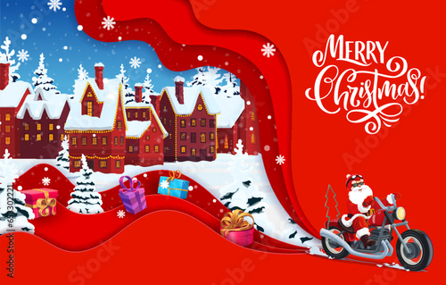 Christmas paper cut banner with Santa on bike, flying gifts and snowy town. Vector greeting card with cool funny Father Noel biker hurry to kids countryside landscape. 3d layered effect papercut art