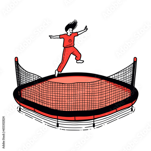 Jumping trampoline vector icon in minimalistic, black and red line work, japan web