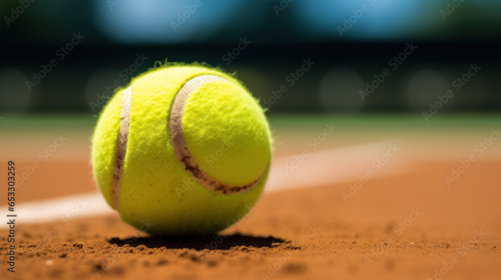 balle de tennis en gros plan posé au sol sur un court de tennis en terre battue