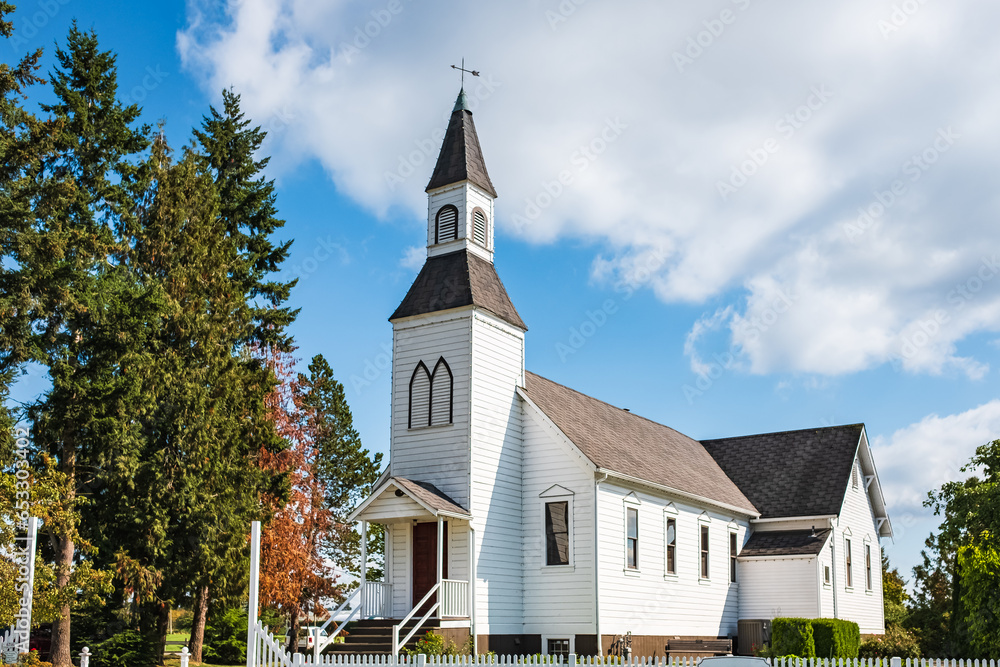 Church in rural British Columbia Canada. An old country church on a sunny day with blue sky at the background