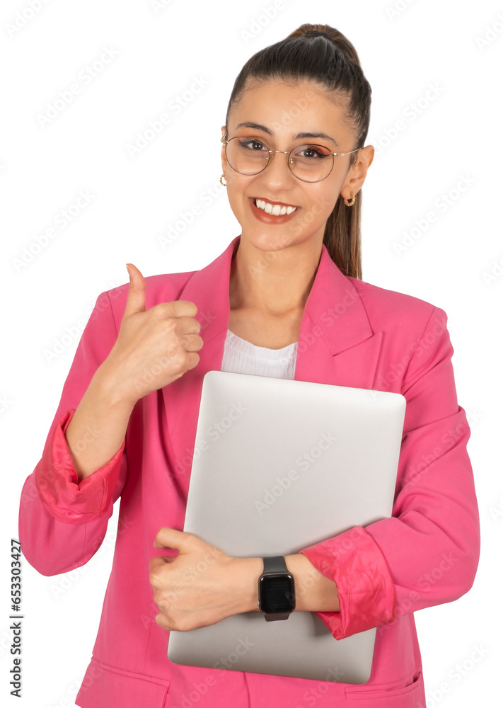 Holding laptop, portrait of nice attractive smiling confident business woman holding laptop. Cheerful caucasian young girl carry closed notebook near her chest show ok sign thumb up gesture. Holding laptop, portrait of nice attractive smiling confident business woman holding laptop. Cheerful caucasian young girl carry closed notebook near her chest show ok sign thumb up gesture.
