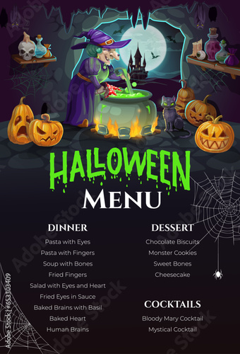 Halloween menu, cartoon witch in cave with potion and pumpkins, vector template. Halloween holiday spooky night party menu flyer or card with scary witch character, horror castle, bats, cauldron, cat