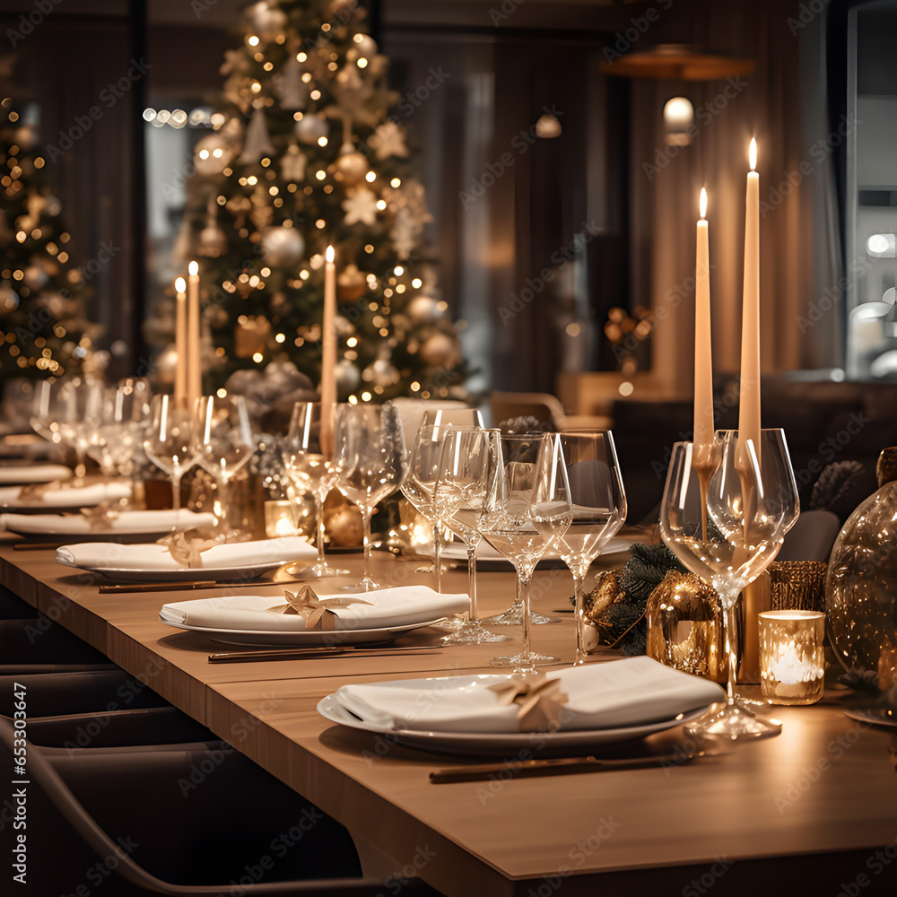Christmas time at the restaurant, restaurant photography, sleek neutrals background, light palette photography. Generative AI.