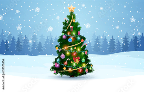 Christmas pine tree and forest silhouette landscape. Vector decorated spruce at holiday eve under falling snowflakes. Xmas fir-tree with baubles, candy canes, socks, lights, garlands and star on top