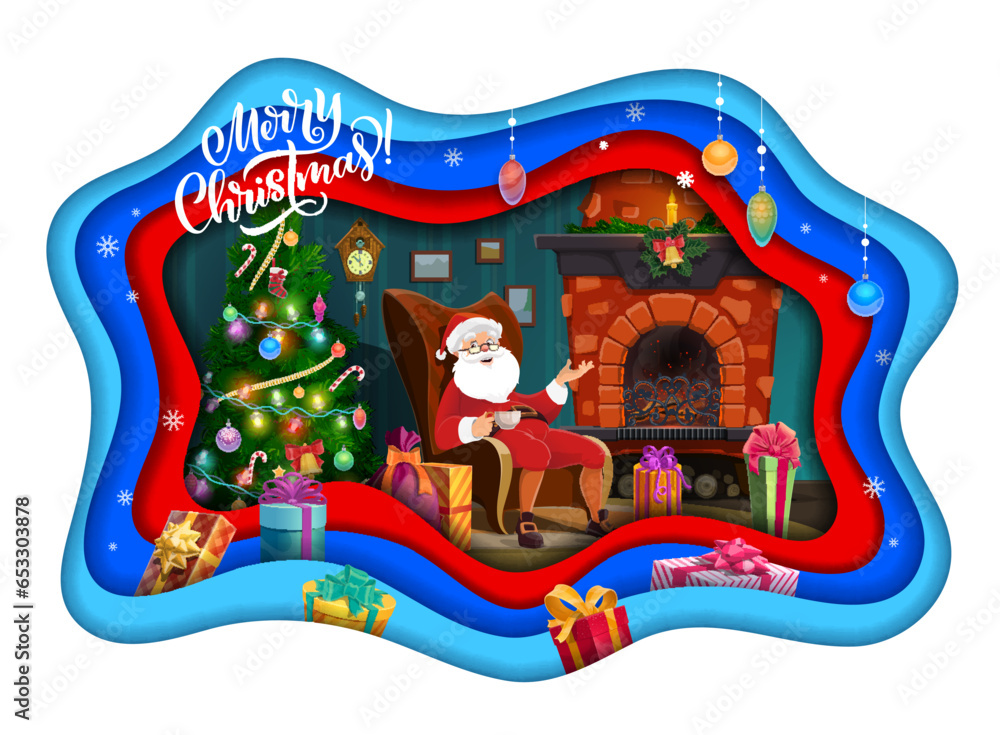 Christmas paper cut poster with cartoon Santa on chair near holiday fireplace and pine tree. Merry Xmas vector 3d origami frame with papercut wavy layers, gift boxes, snowflakes and Christmas balls