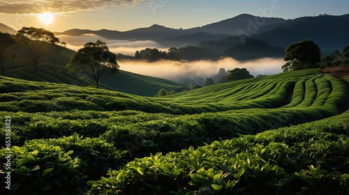 Morning view of the tea plantation on the top of hill