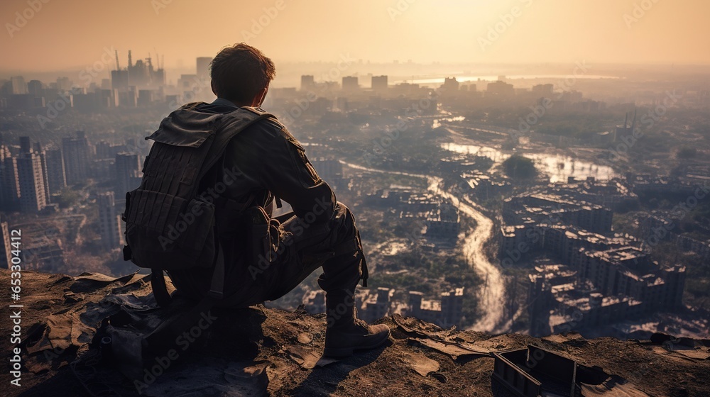A soldier looks at the ruined city with his head bowed. A ruined building in the background. A soldier looks at the ruined city with his head bowed. A ruined building in the background.