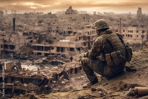 A soldier looks at the ruined city with his head bowed. A ruined building in the background.