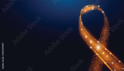 Leukemia awareness month concept. Banner template with glowing low poly orange ribbon. Wireframe modern abstract background. Vector illustration