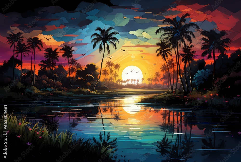 Egzotyczna plaża z palmami o zachodzie słońca.  - obrazy, fototapety, plakaty 