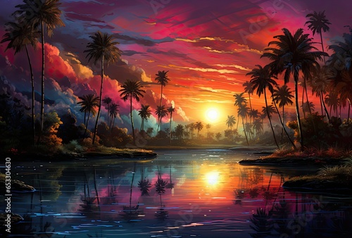 Egzotyczna plaża z palmami o zachodzie słońca. 